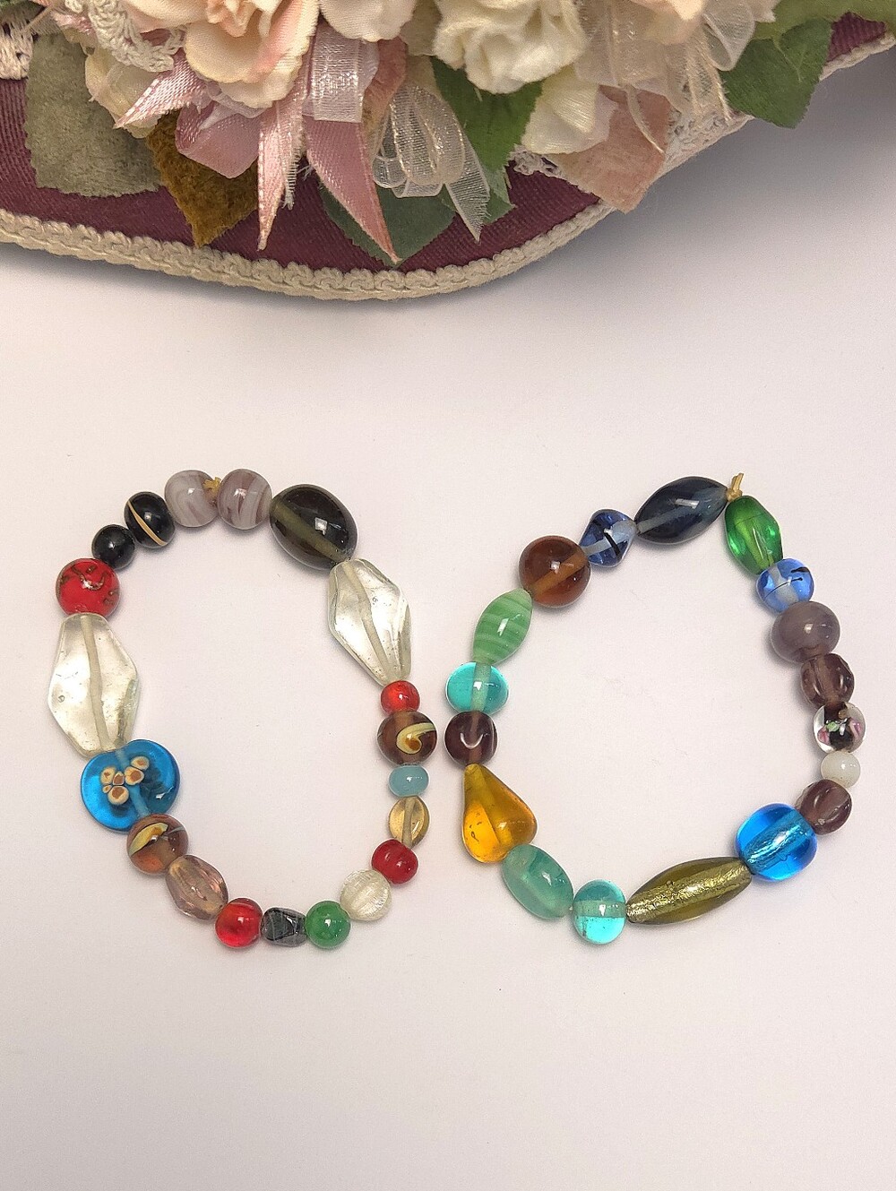 2 Vintage Handmade Murano Art Glass Beaded Stretch Bracelets Colorful